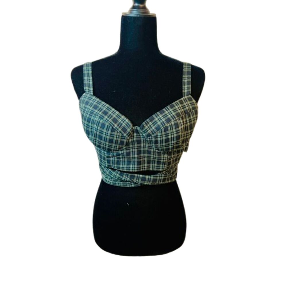 Petersyn Plaid Bustier Corset Crop Top Tie Back Green Navy M